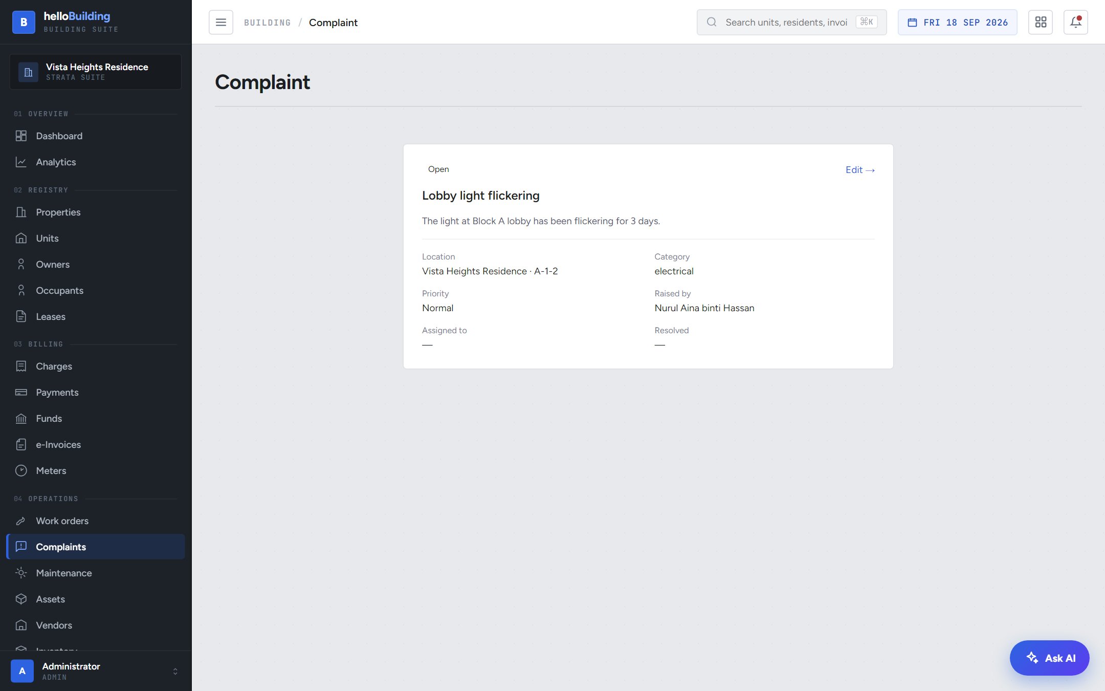 A single complaint with unit, category and priority