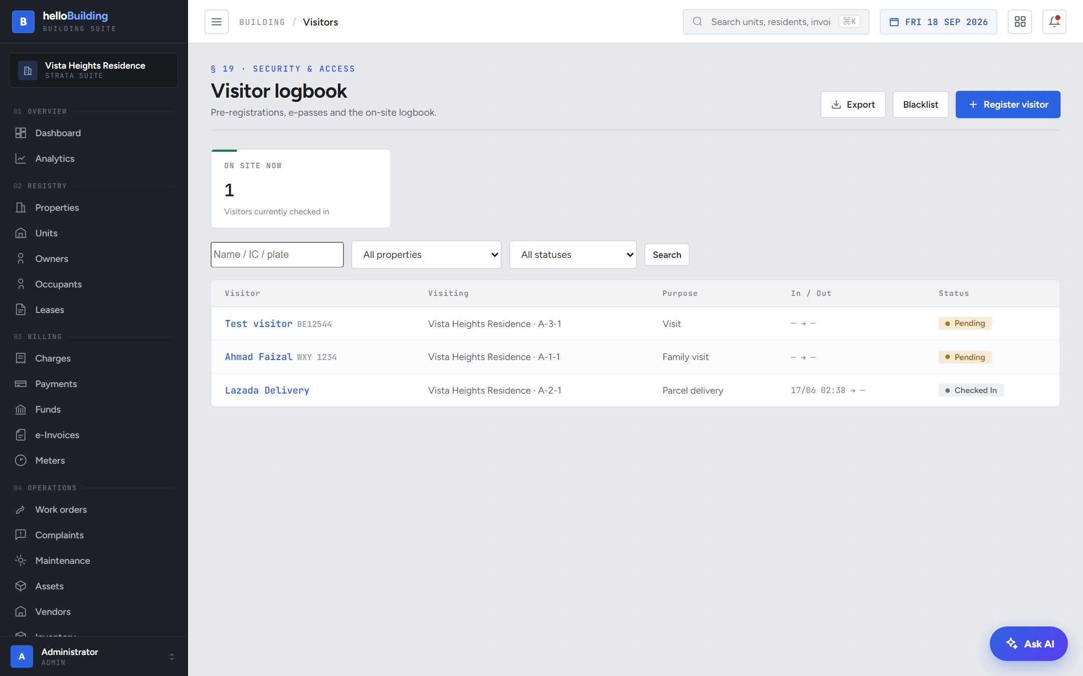 Visitors list with statuses