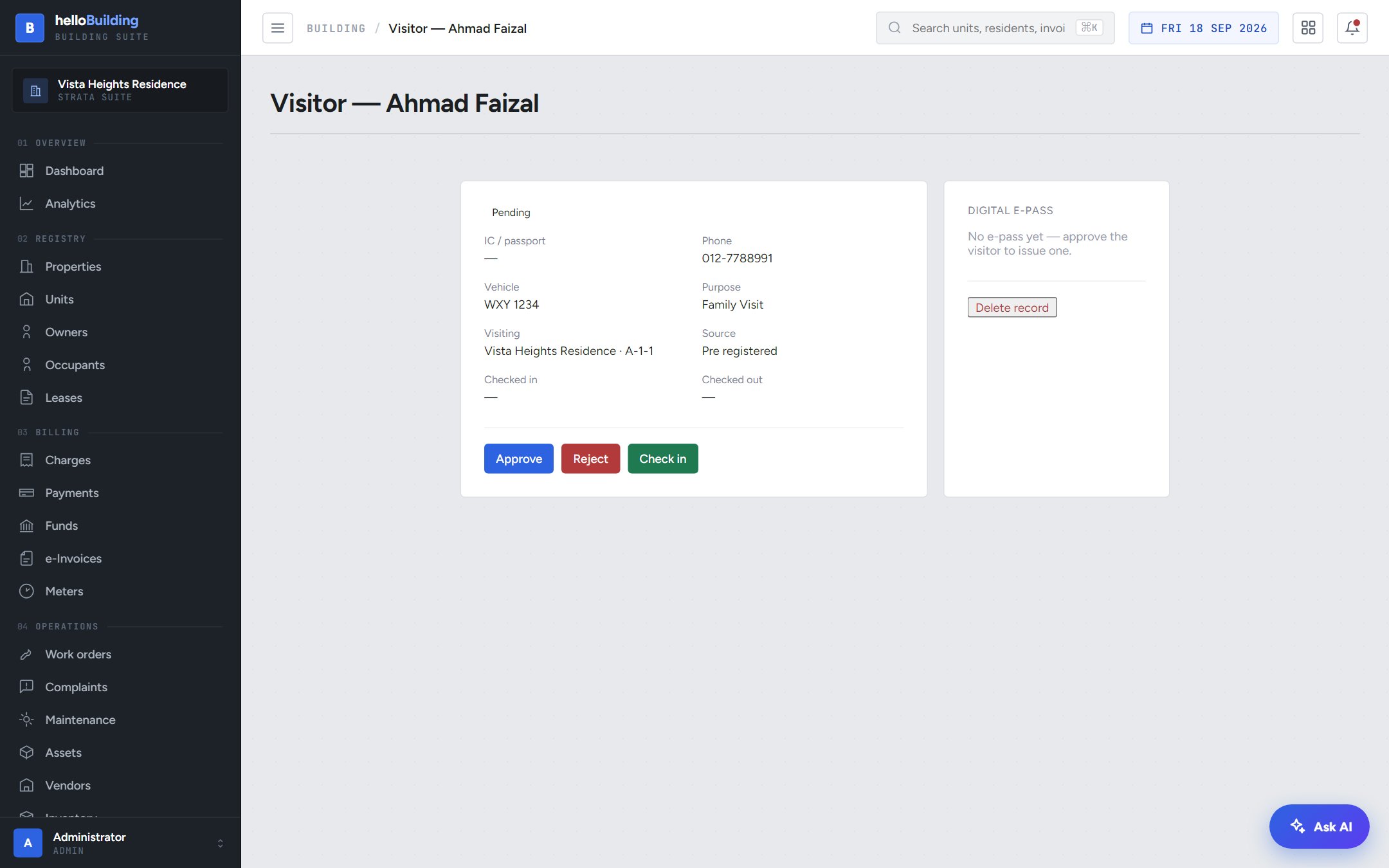 A pending visitor with approve, reject and check in actions