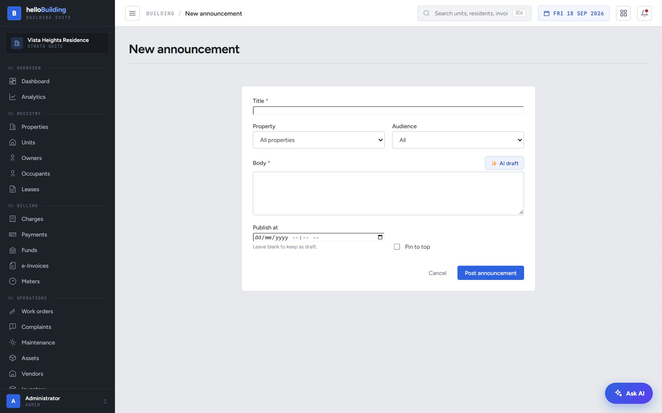 Creating an announcement with audience and pinning options