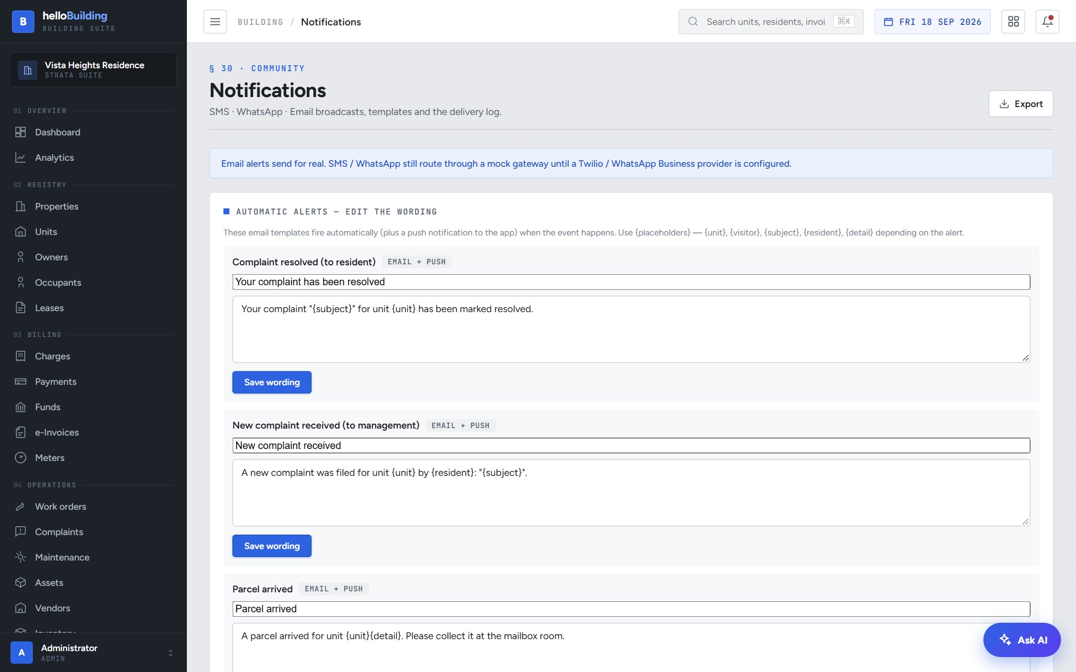 Editable automatic alert templates for visitor, complaint and parcel events