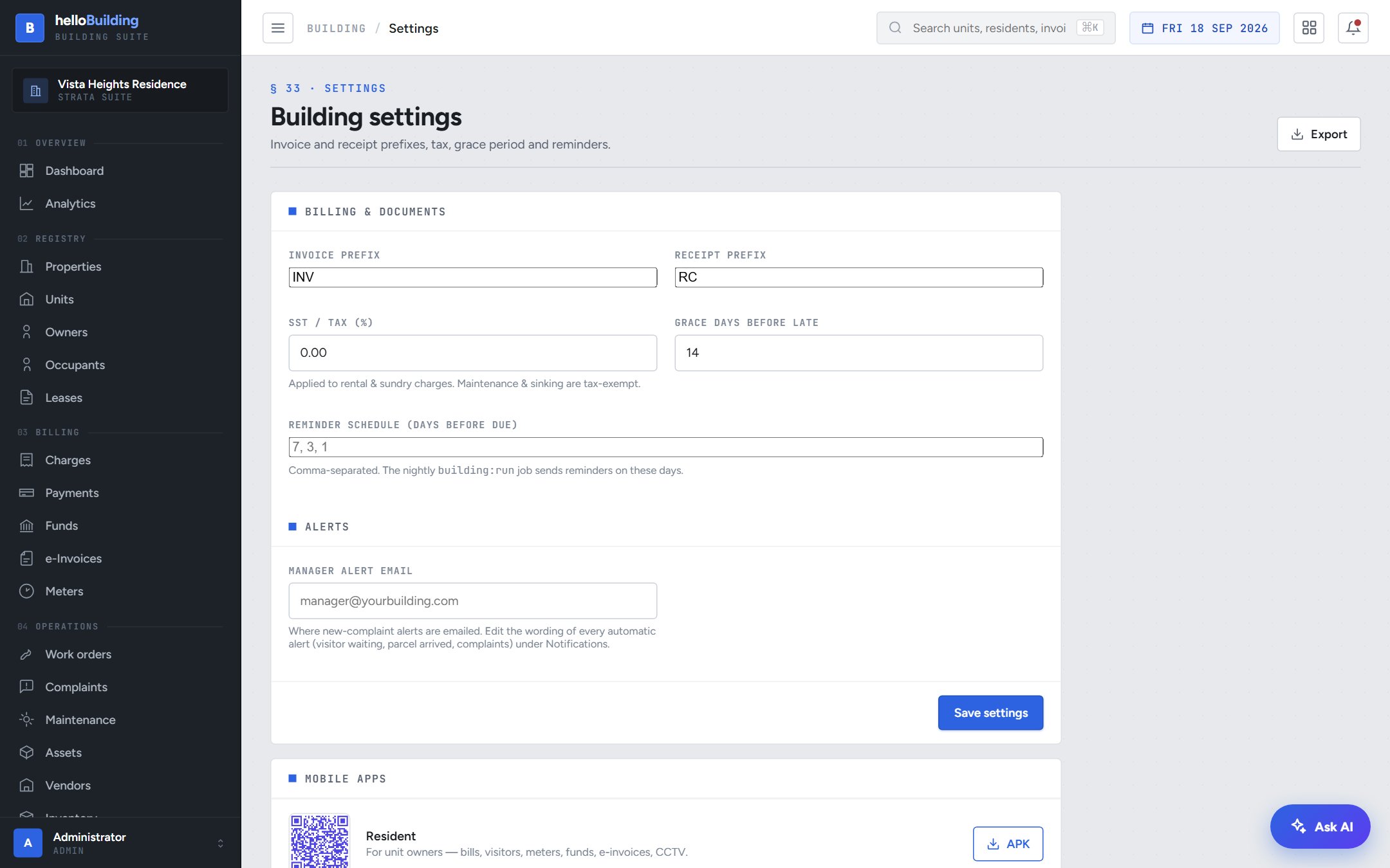Building settings screen