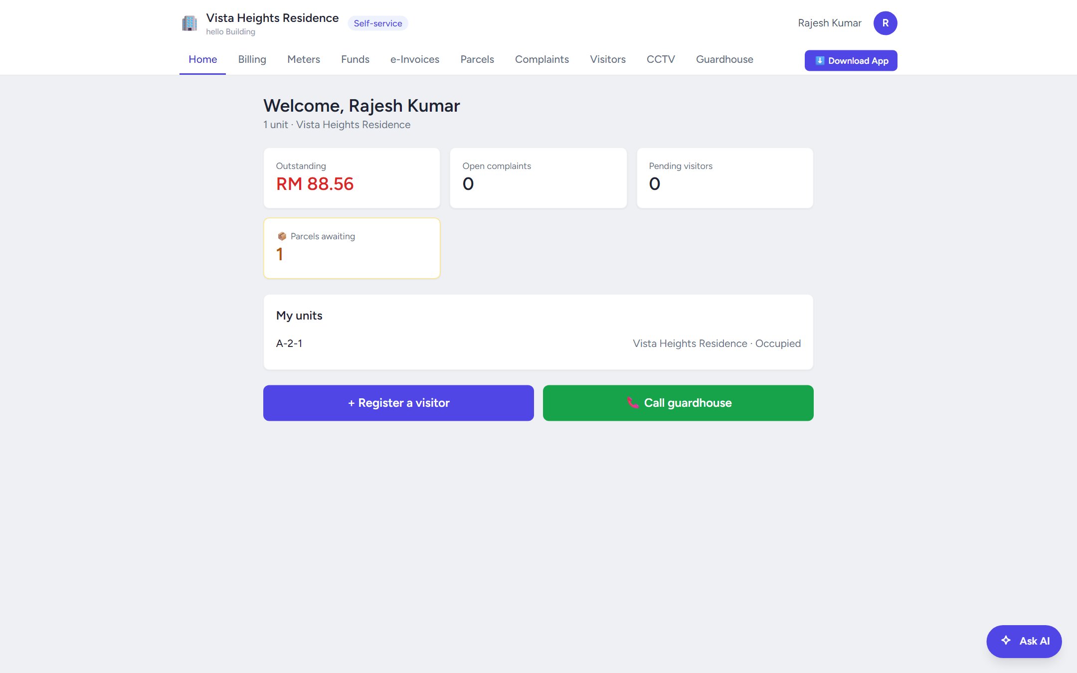 Resident self-service portal home page