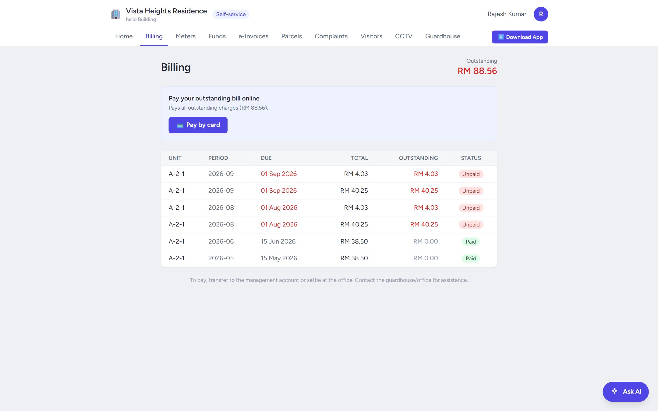 Resident portal billing screen with outstanding charges