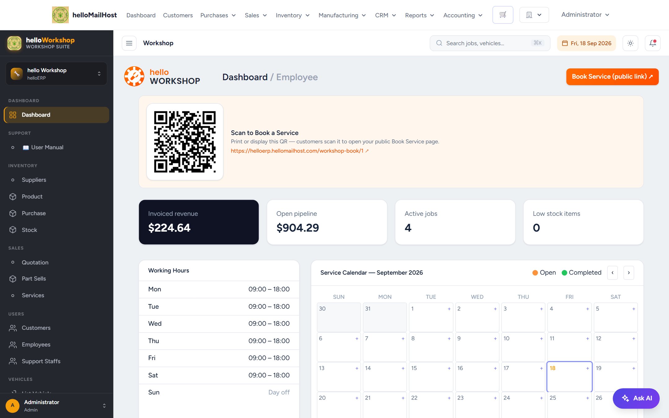 helloWorkshop dashboard showing revenue, pipeline, active jobs and a service calendar