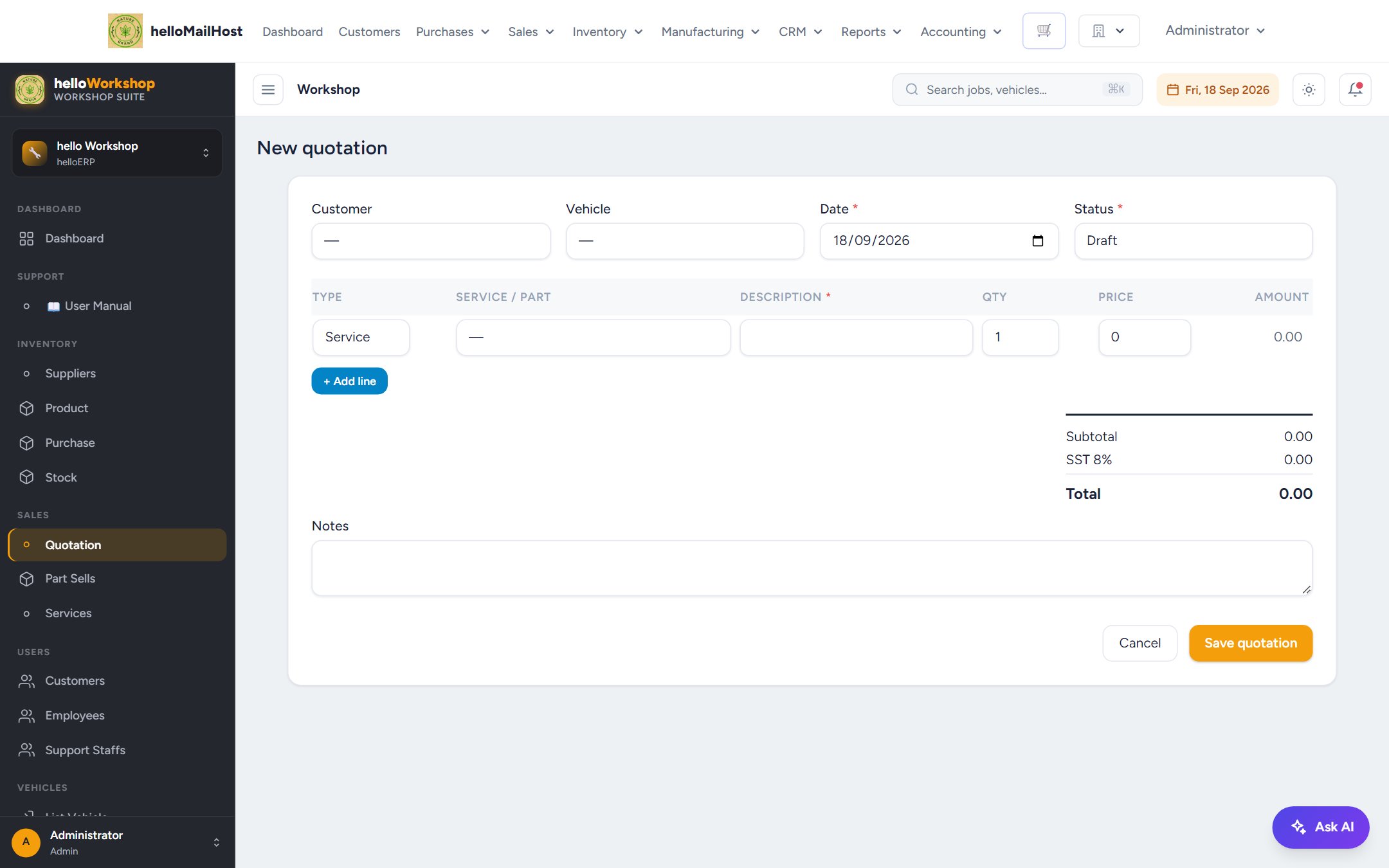 Creating a new quotation with services and parts