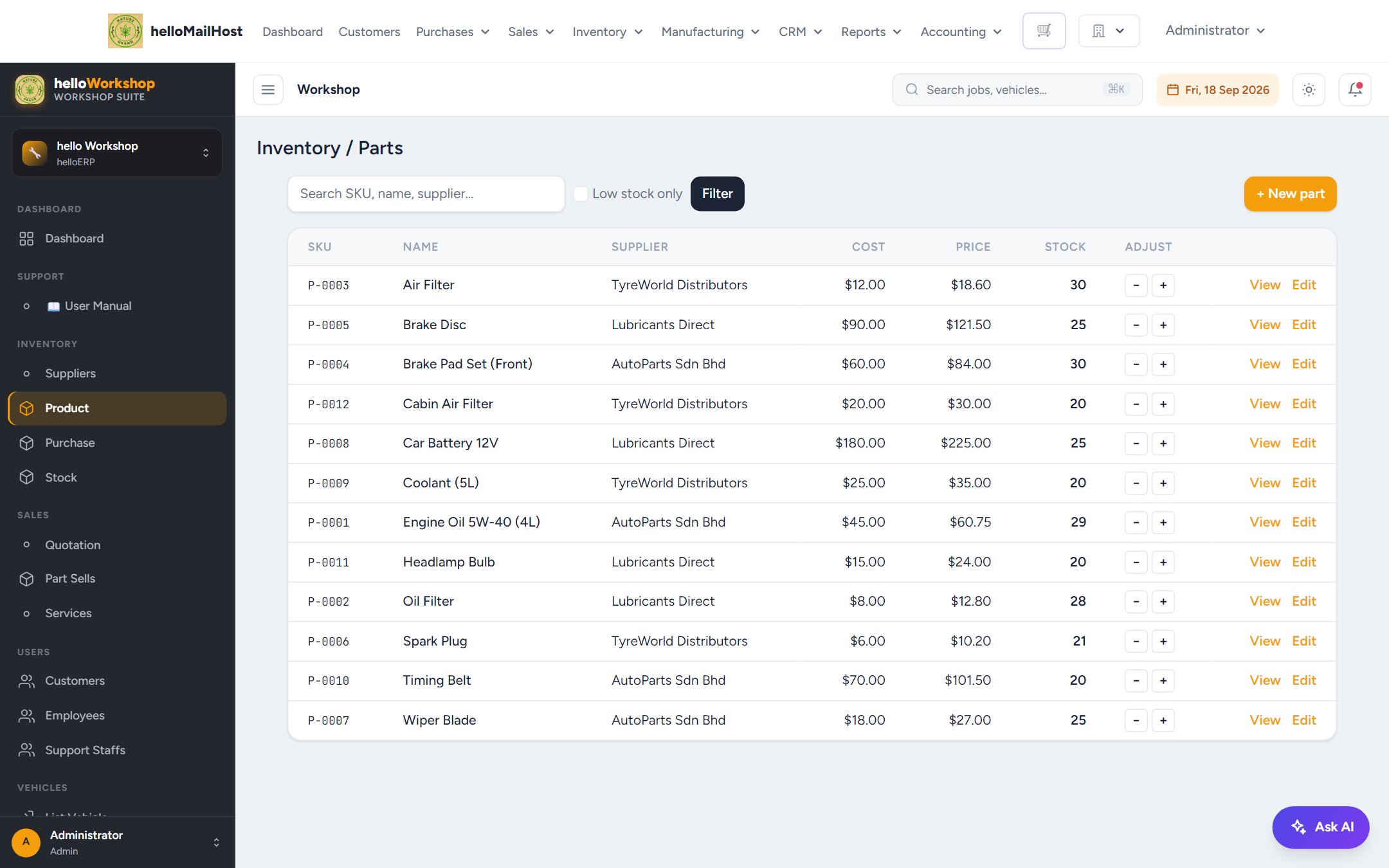 Parts inventory list with stock levels