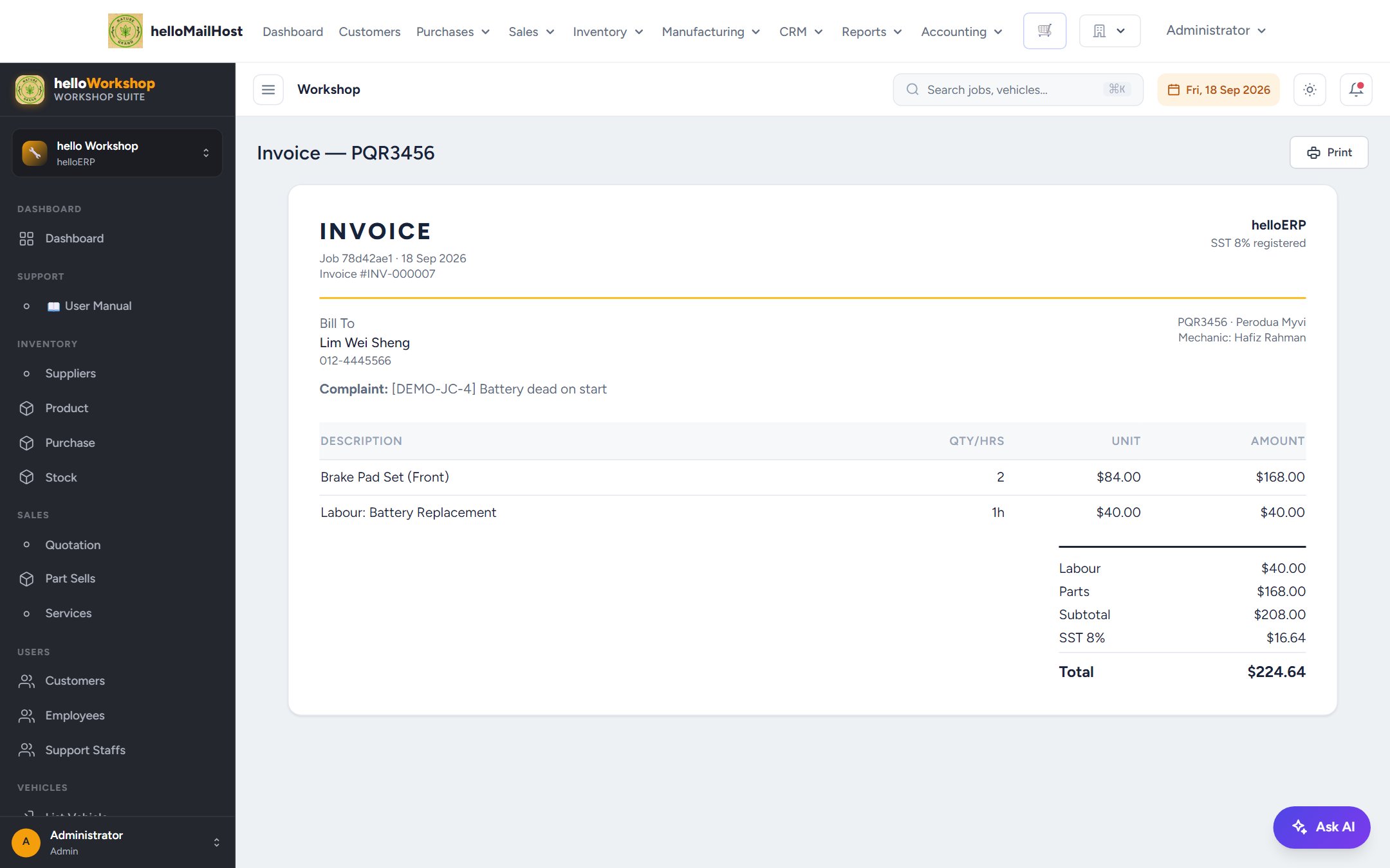 A finished invoice with parts, labour, SST and total