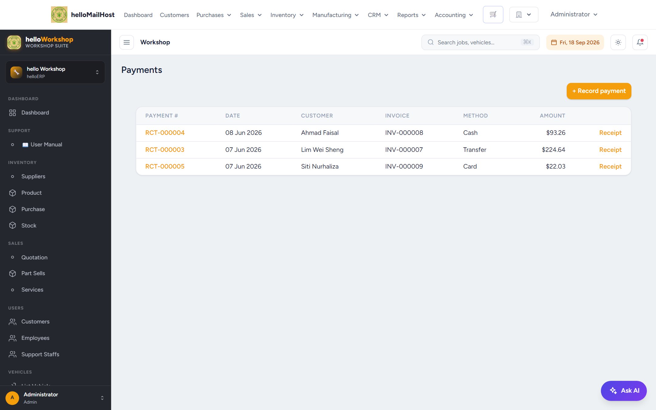 Payments recorded against workshop invoices