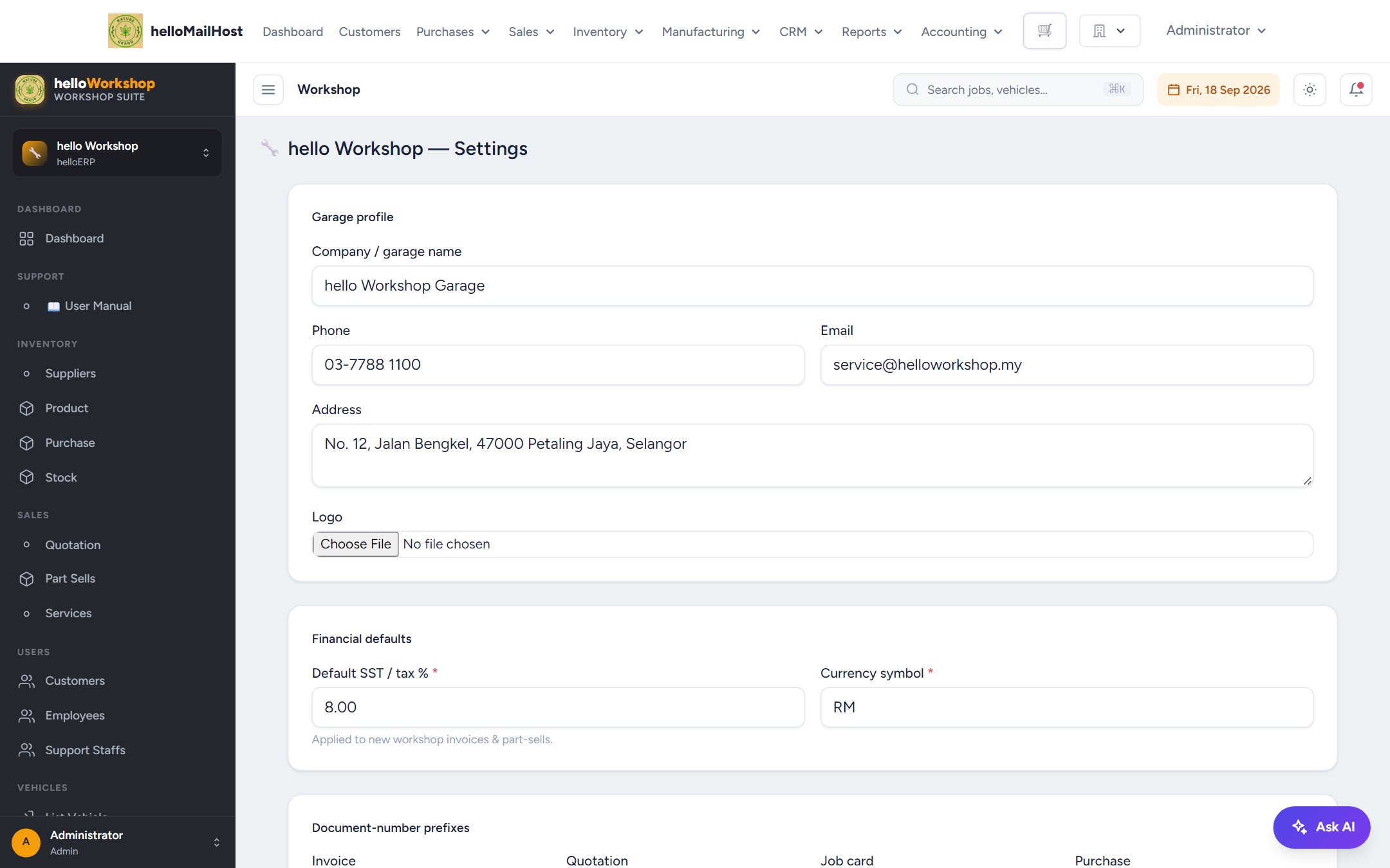 Workshop settings screen