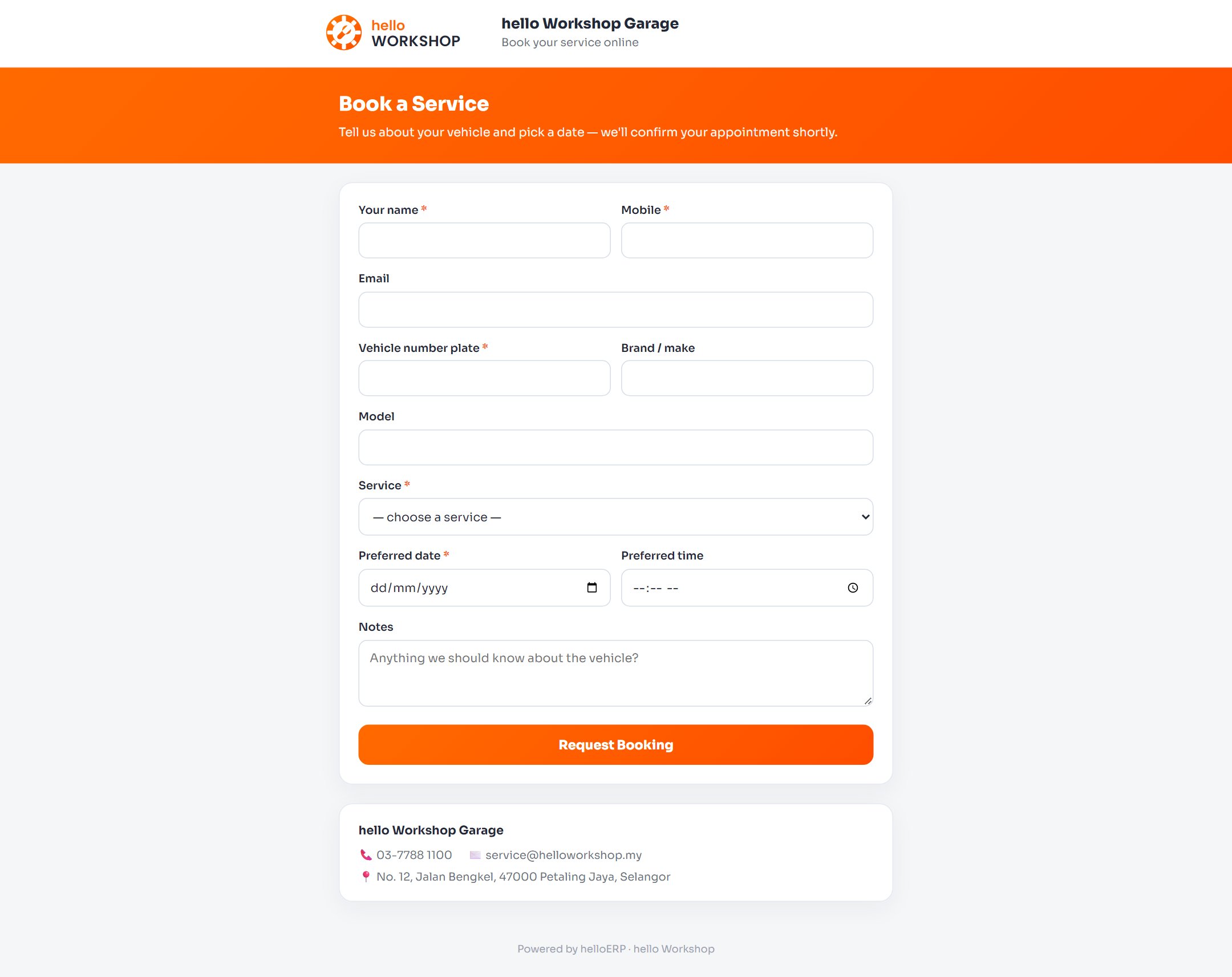 Public online Book a Service form for customers